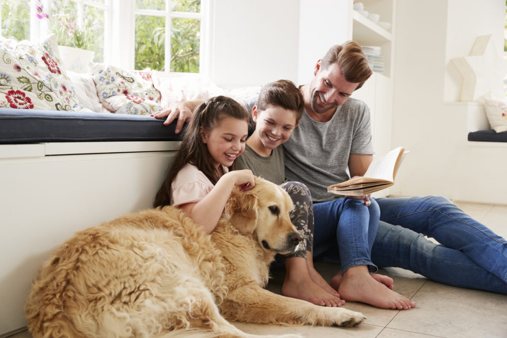 Father, daughter, son and dog relaxing with a book in a comfortable home